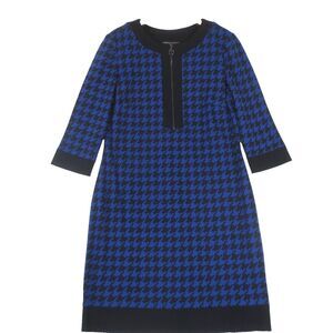 Isabella DeMarco Dress‎ Womens 10 Black Blue Houndstooth Knit Shift 3/4 Sleeve